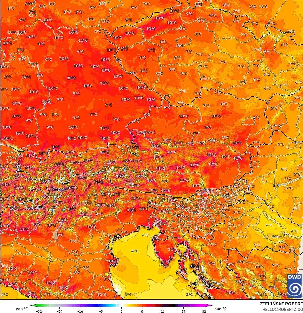 ICON Germany 2 km model - Austria, Temperature at 2m Anomaly