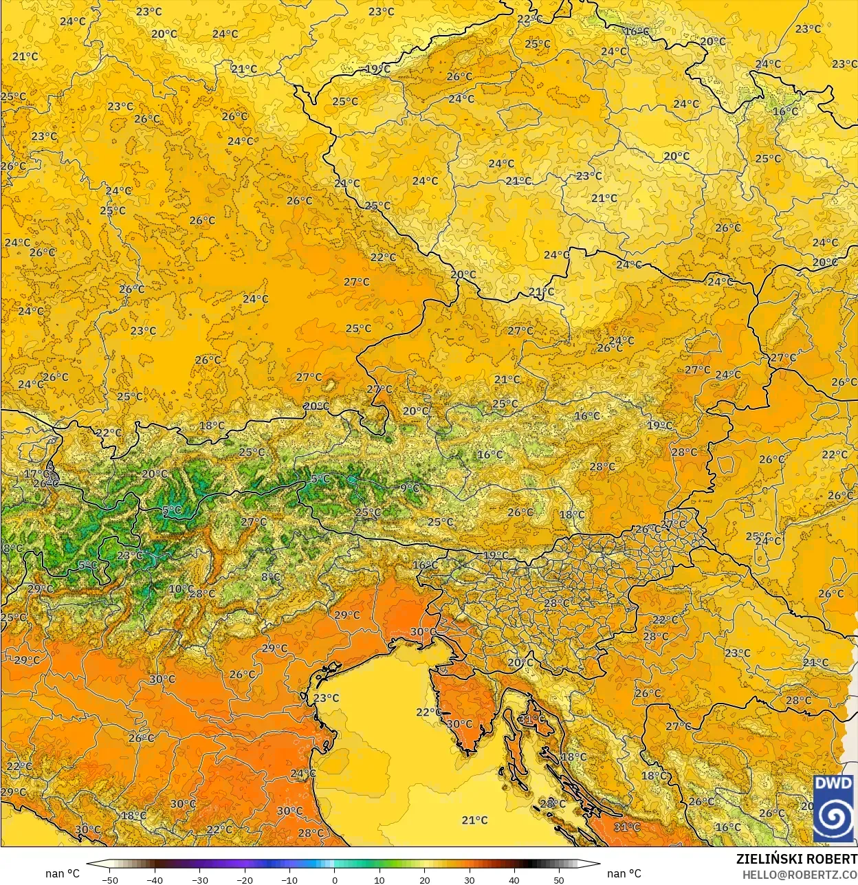 ICON Germany 2 km model - Austria, Temperature at 2m