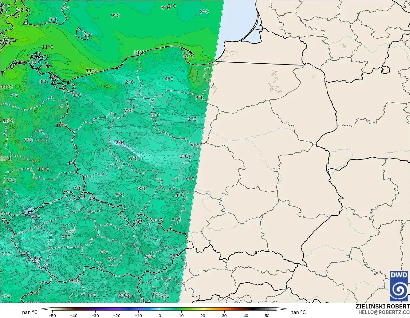 ICON Germany 2 km model - Poland, Dewpoint at 2m