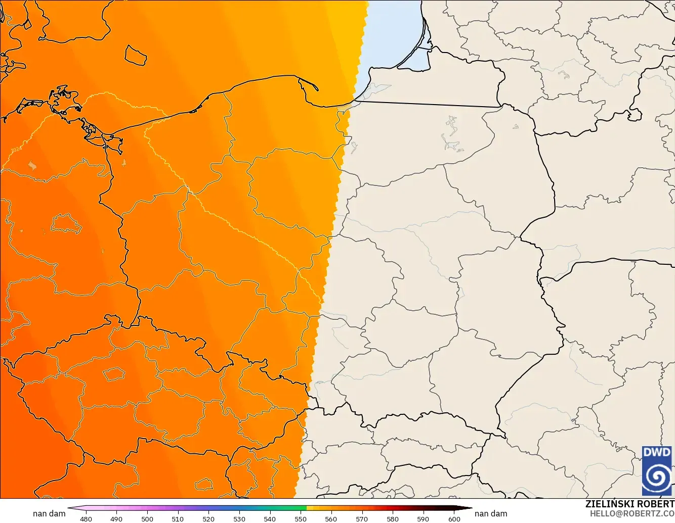 ICON Germany 2 km model - Poland, Geopotential height at 500hPa