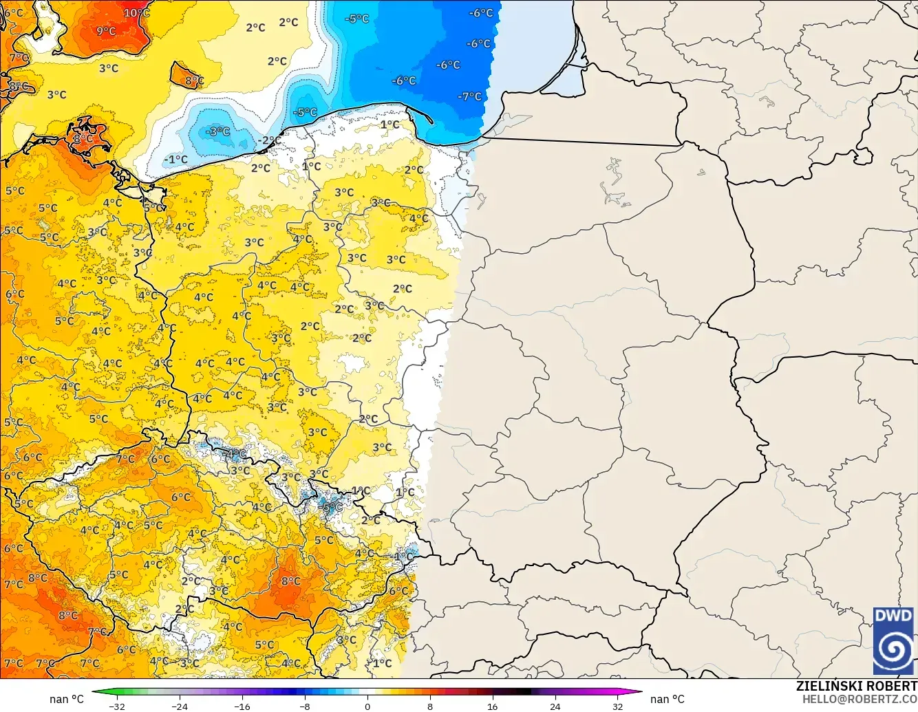 ICON Germany 2 km model - Poland, Temperature at 2m Anomaly