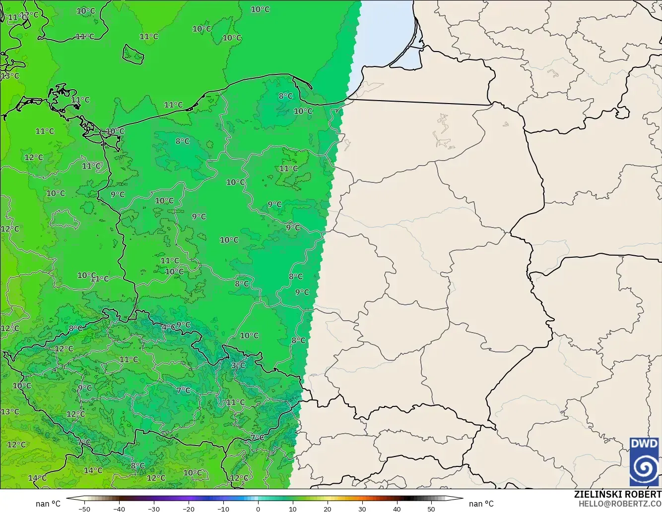 ICON Germany 2 km model - Poland, Temperature at 850hPa