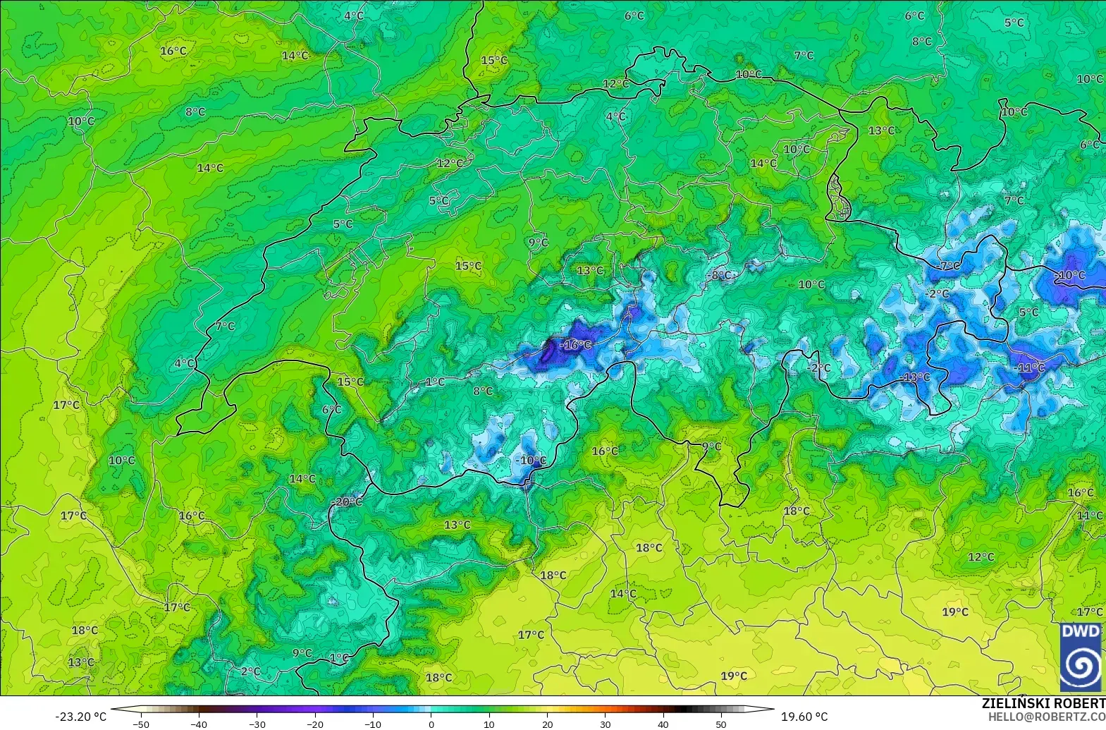 ICON Germany 2 km model - Switzerland, Dewpoint at 2m