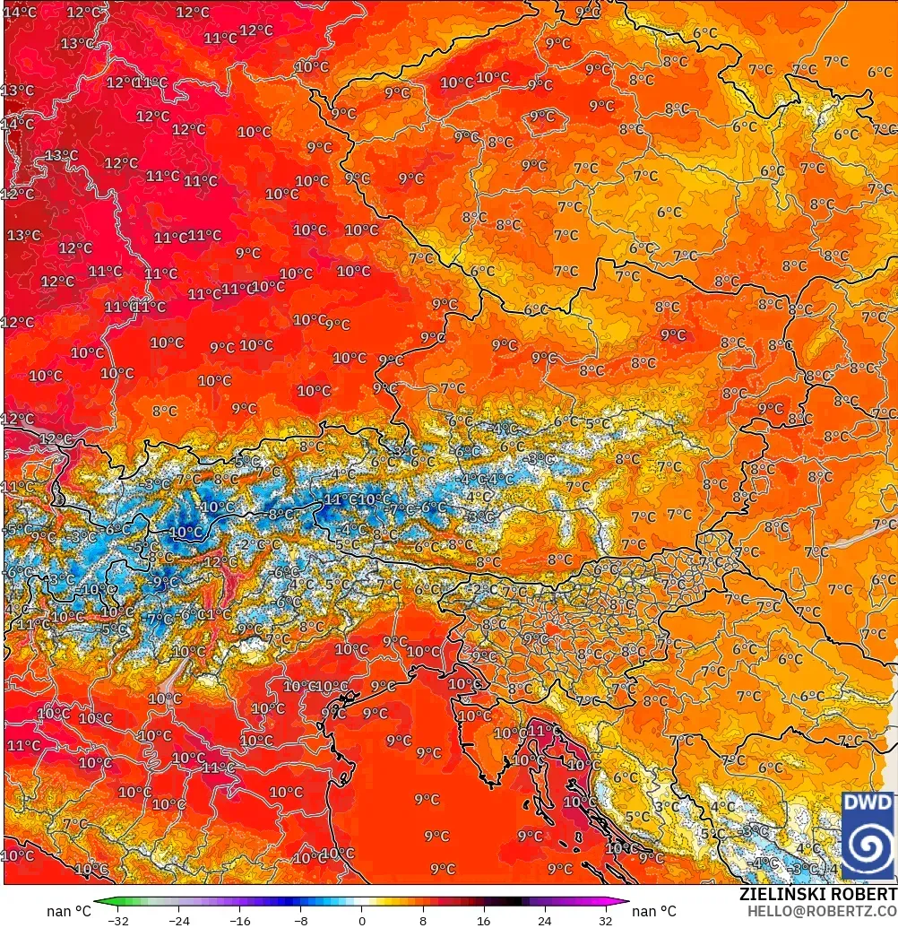 ICON Germany 2 km model - Austria, Temperature at 850hPa Anomaly