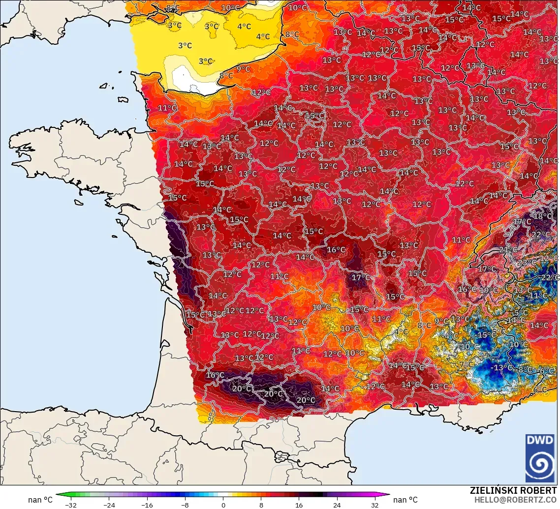 ICON Germany 2 km model - France, Temperature at 2m Anomaly