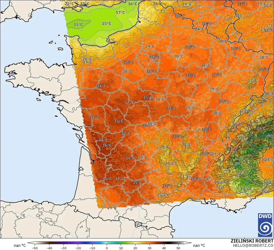 ICON Germany 2 km model - France, Temperature at 2m