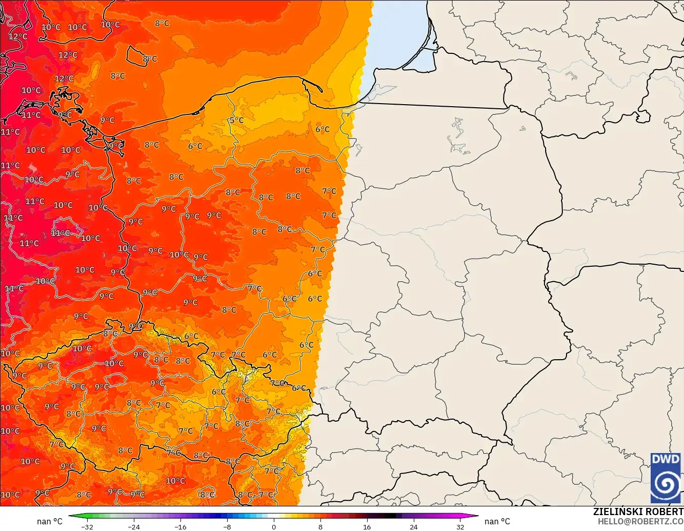 ICON Germany 2 km model - Poland, Temperature at 850hPa Anomaly