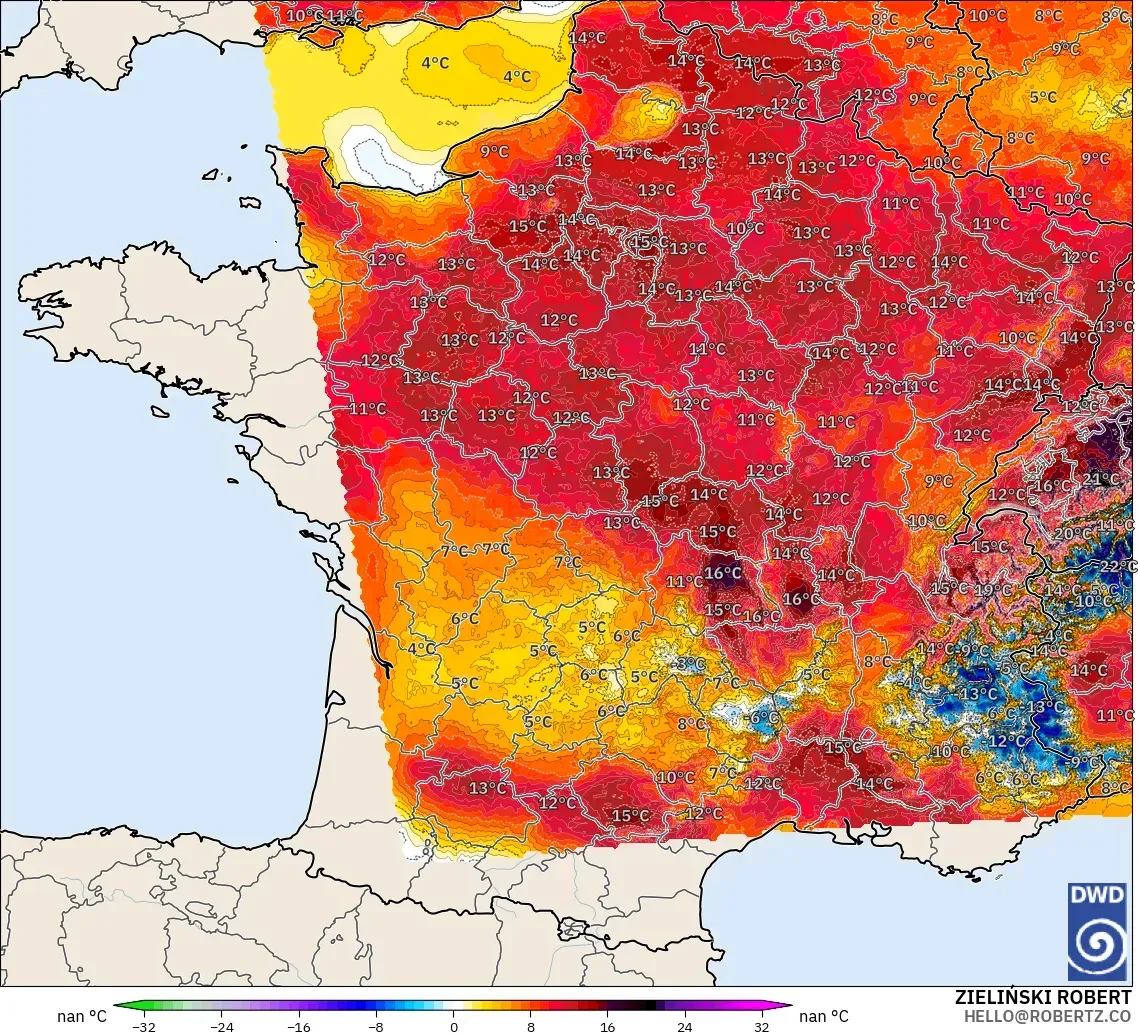 ICON Germany 2 km model - France, Temperature at 2m Anomaly
