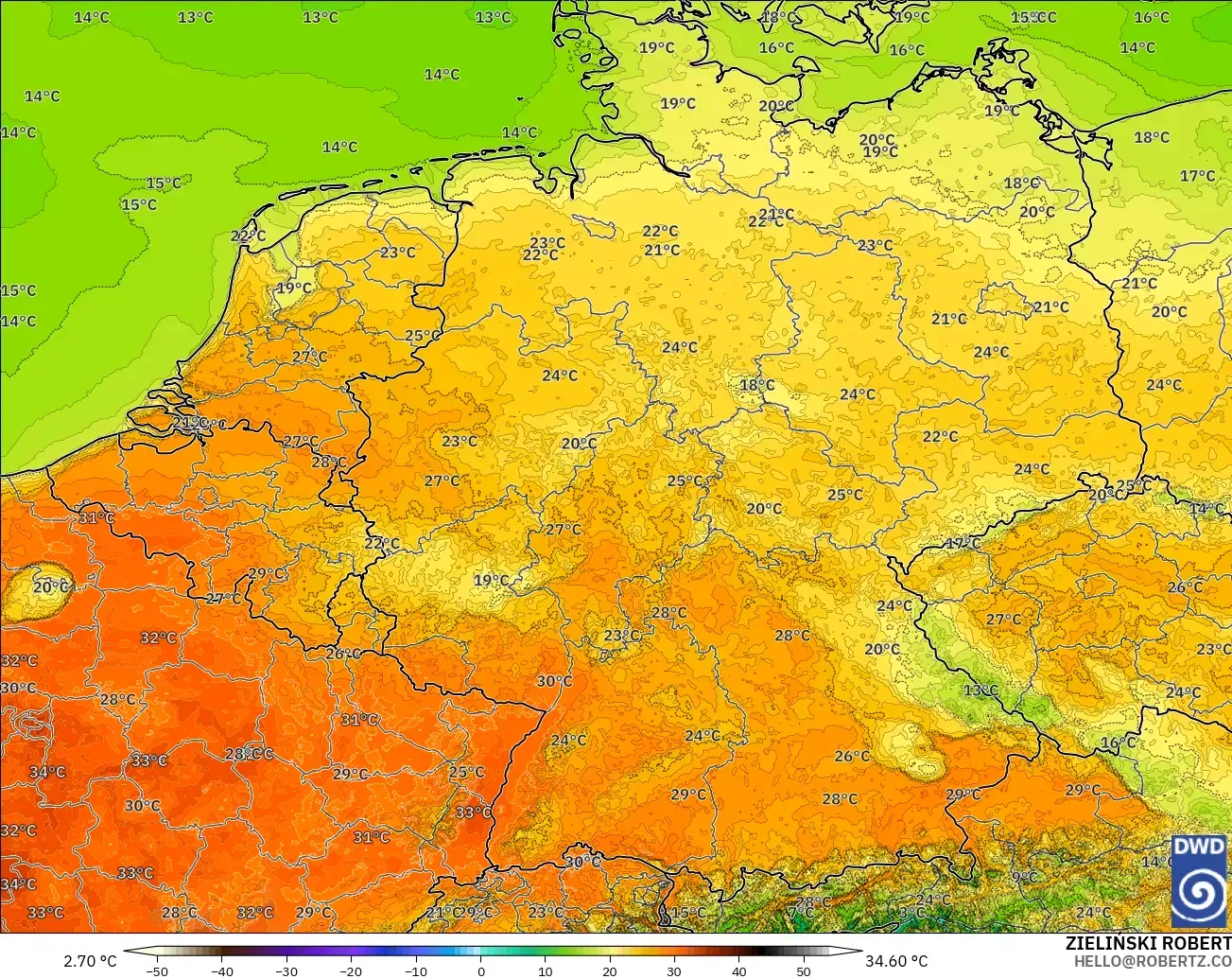 ICON Germany 2 km model - Germany, Temperature at 2m