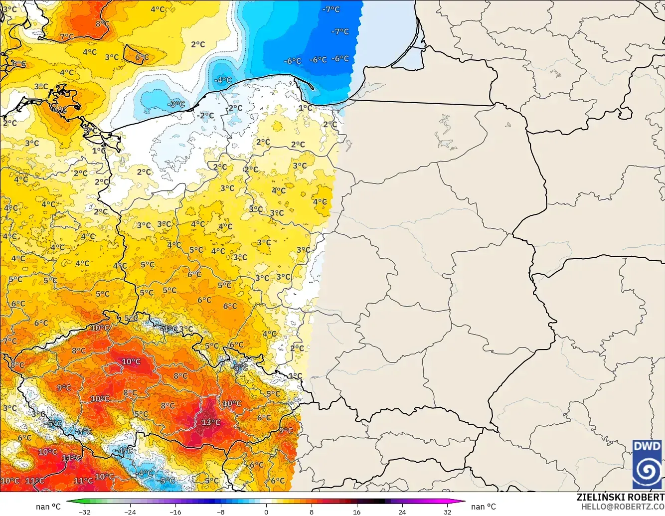 ICON Germany 2 km model - Poland, Temperature at 2m Anomaly