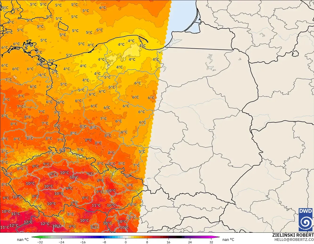 ICON Germany 2 km model - Poland, Temperature at 850hPa Anomaly