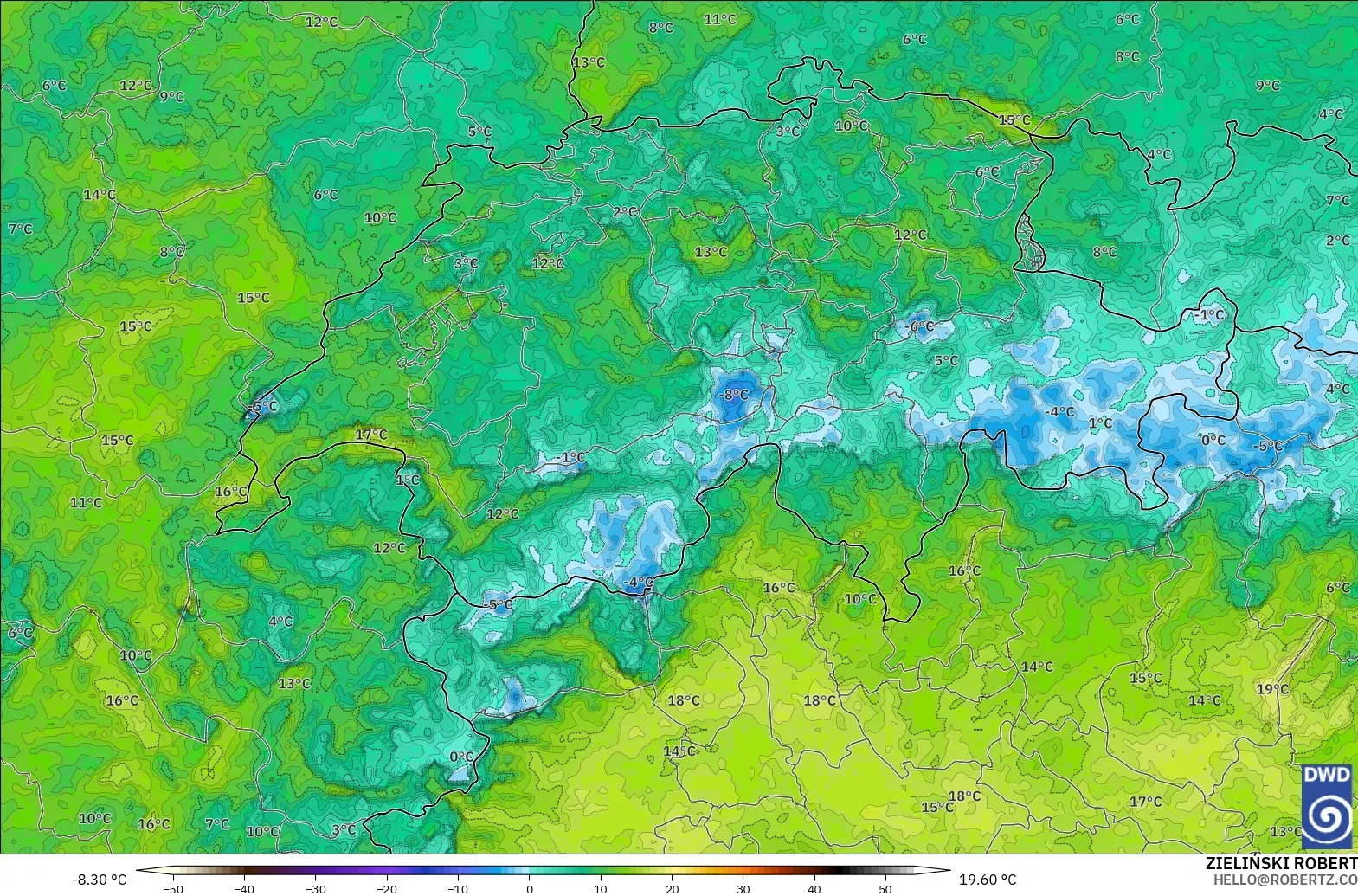 ICON Germany 2 km model - Switzerland, Dewpoint at 2m