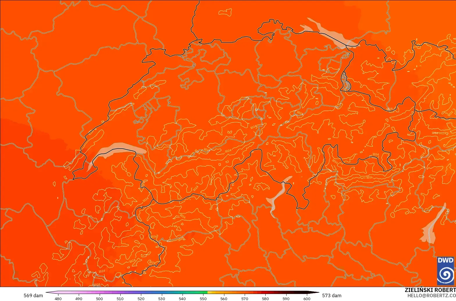 ICON Germany 2 km model - Switzerland, Geopotential height at 500hPa