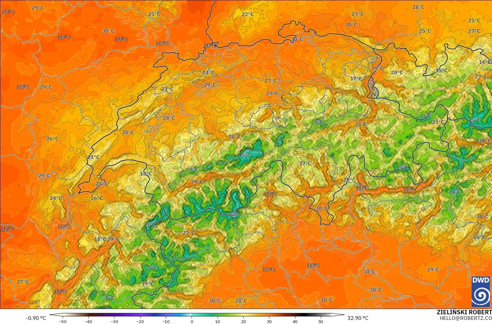 ICON Germany 2 km model - Switzerland, Temperature at 2m