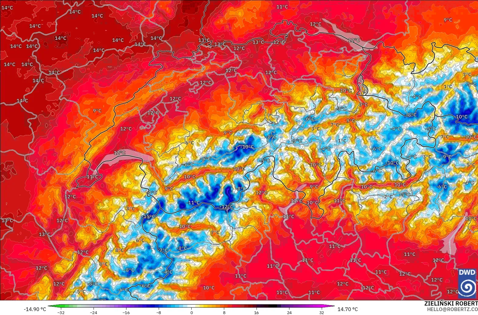 ICON Germany 2 km model - Switzerland, Temperature at 850hPa Anomaly