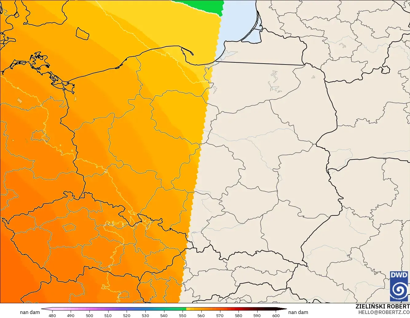 ICON Germany 2 km model - Poland, Geopotential height at 500hPa
