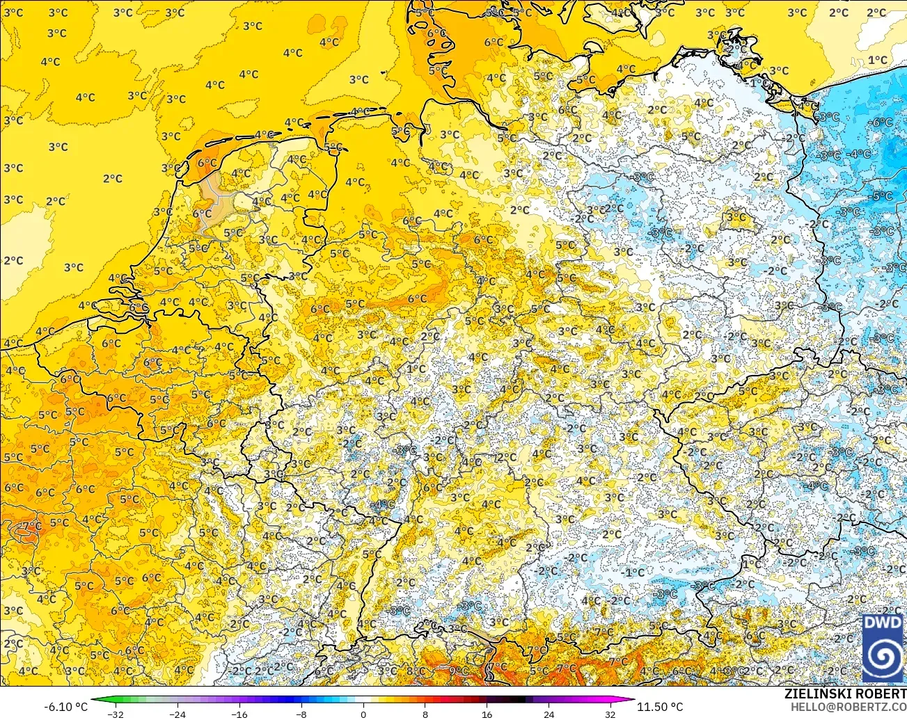 ICON Germany 2 km model - Germany, Temperature at 2m Anomaly