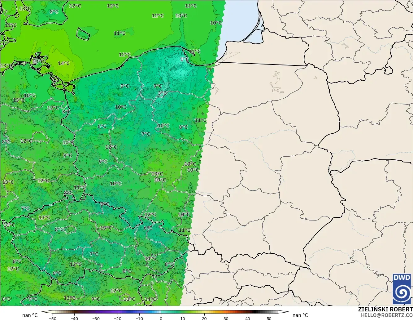 ICON Germany 2 km model - Poland, Dewpoint at 2m