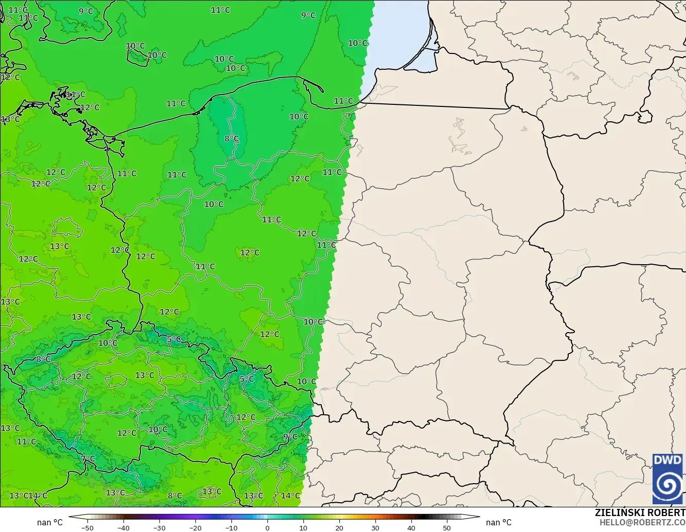 ICON Germany 2 km model - Poland, Temperature at 850hPa