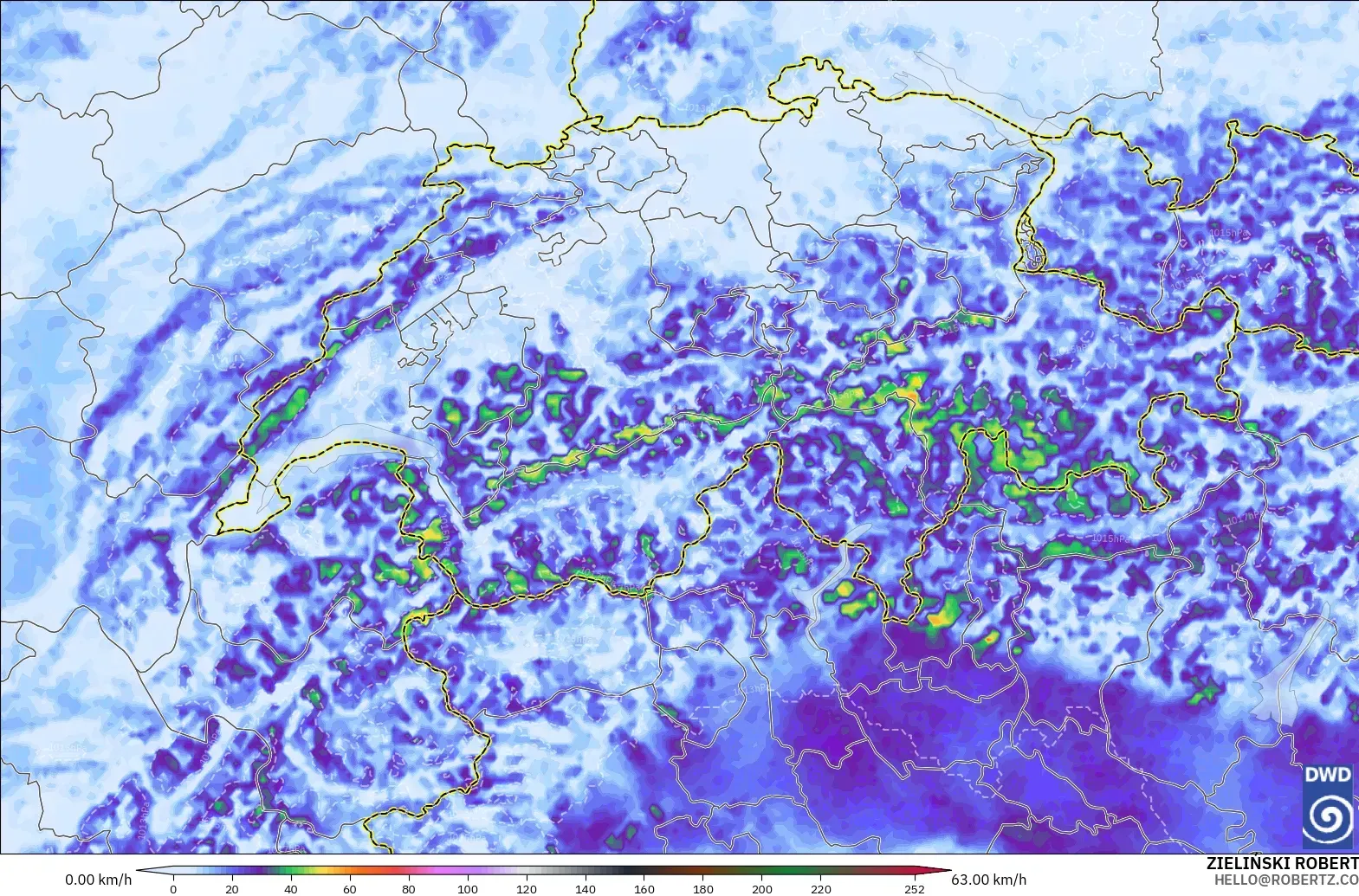 ICON Germany 2 km model - Switzerland, Wind Gusts Peak