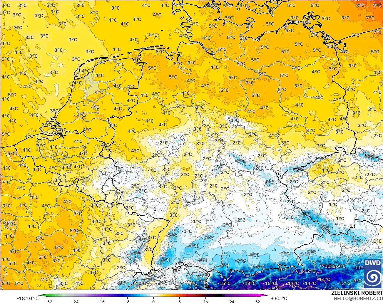 ICON Germany 2 km model - Germany, Temperature at 850hPa Anomaly