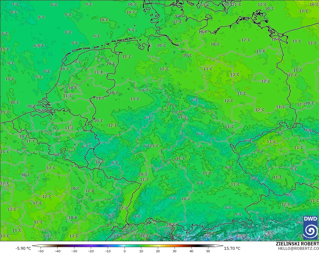 ICON Germany 2 km model - Germany, Temperature at 850hPa