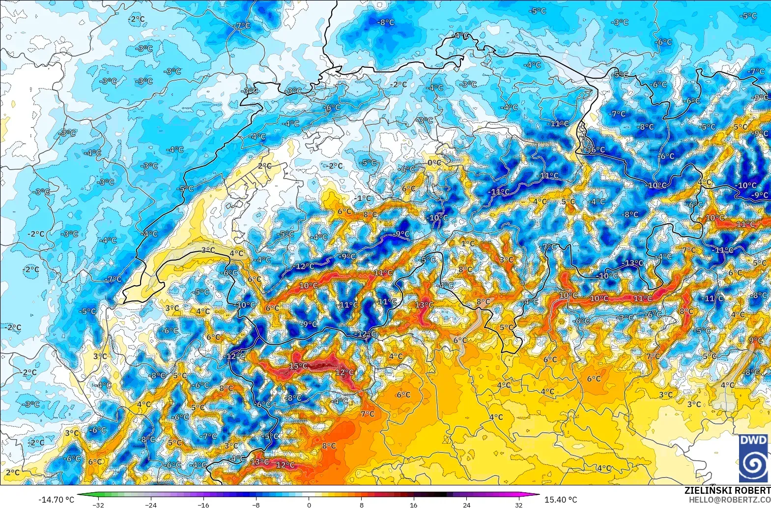 ICON Germany 2 km model - Switzerland, Temperature at 2m Anomaly