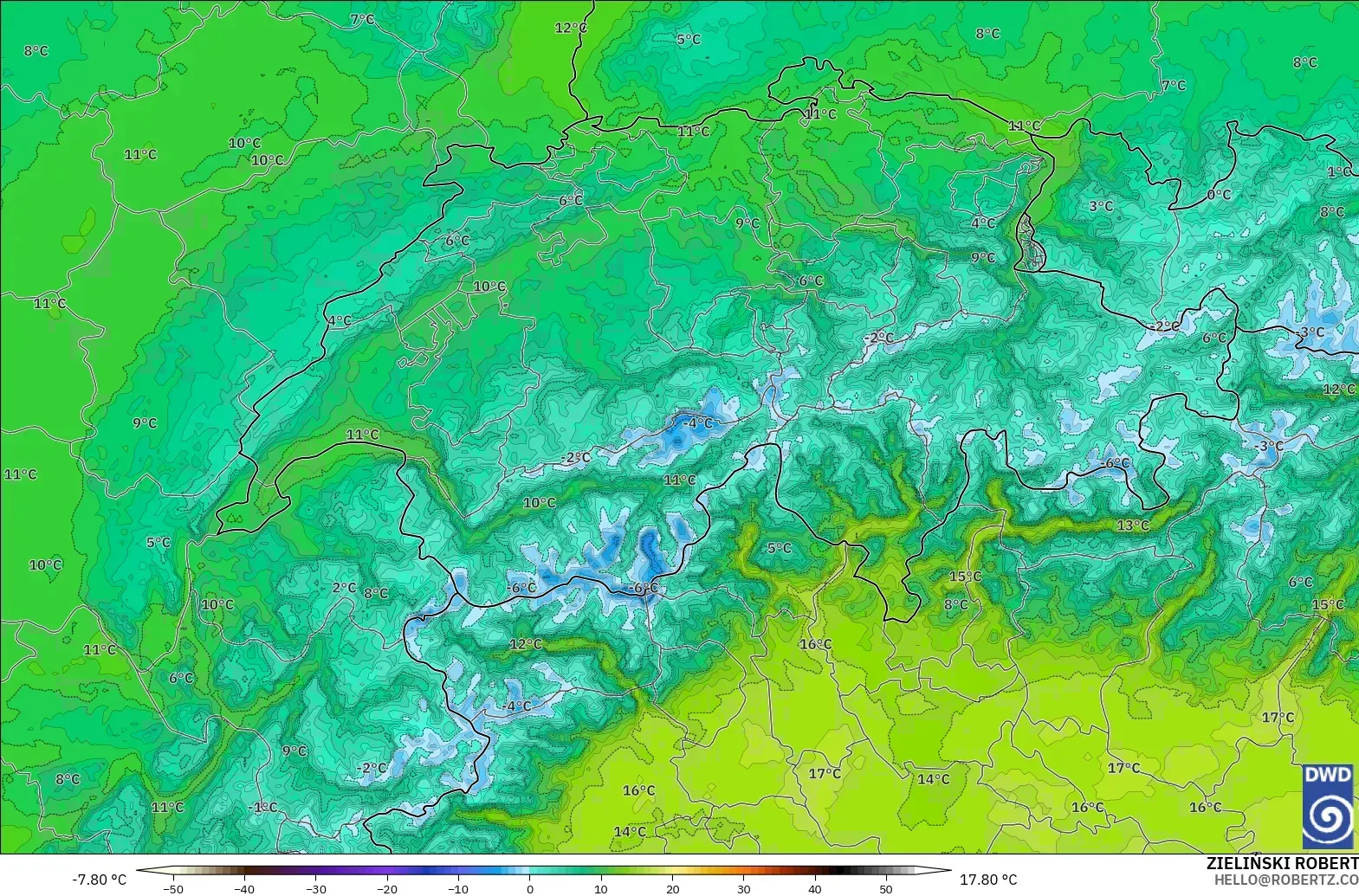 ICON Germany 2 km model - Switzerland, Temperature at 850hPa