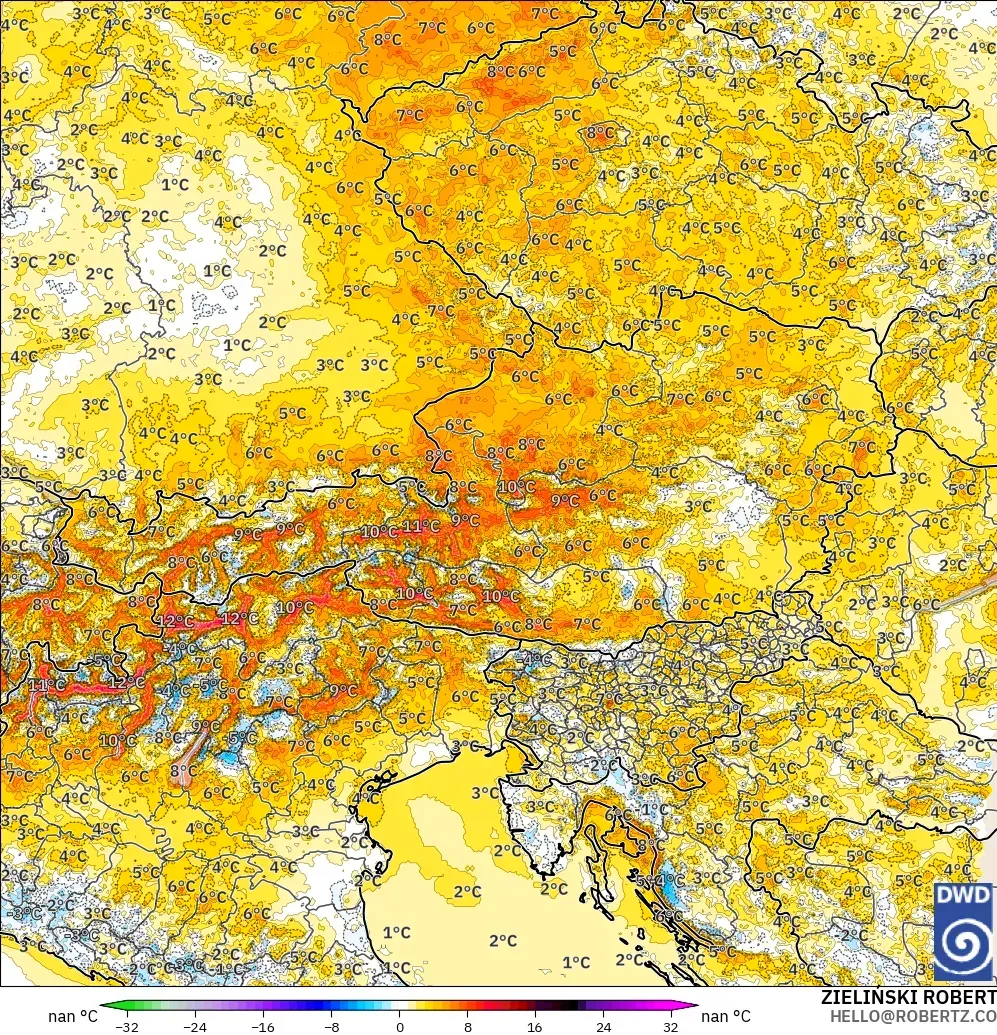 ICON Germany 2 km modelo - Austria, Temperature at 2m Anomaly