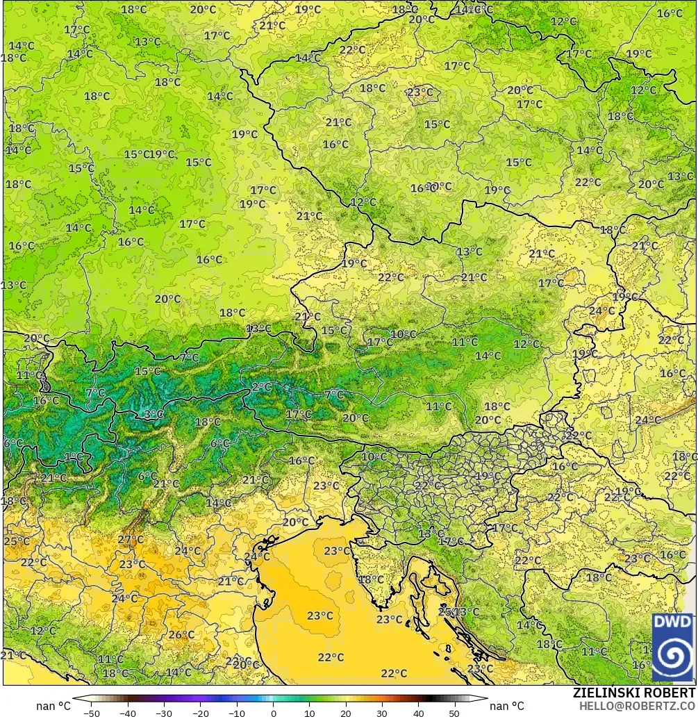 ICON Alemania 2 km model - Austria, Suhu 2 m