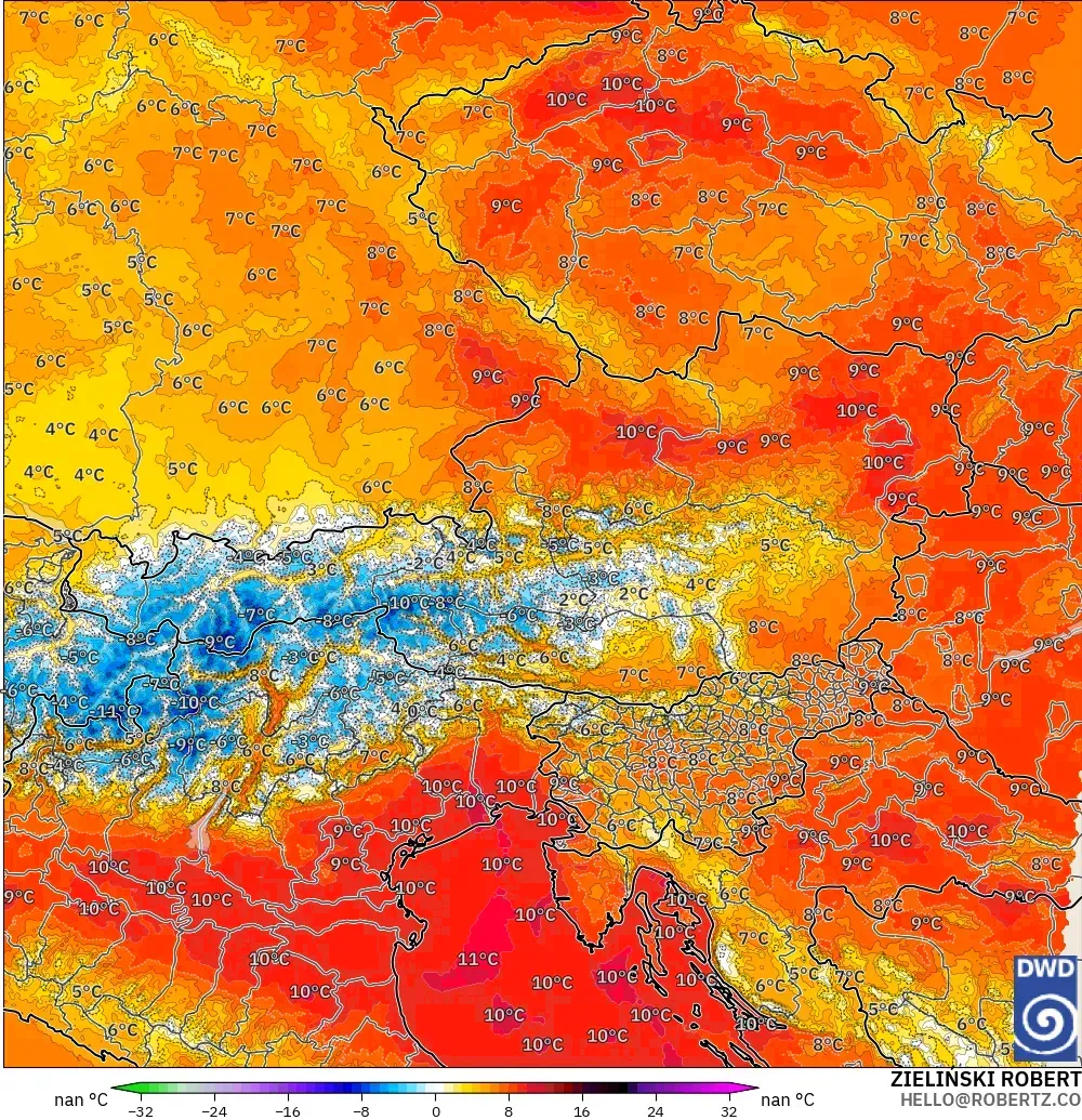 ICON Germany 2 km modelo - Austria, Temperature at 850hPa Anomaly