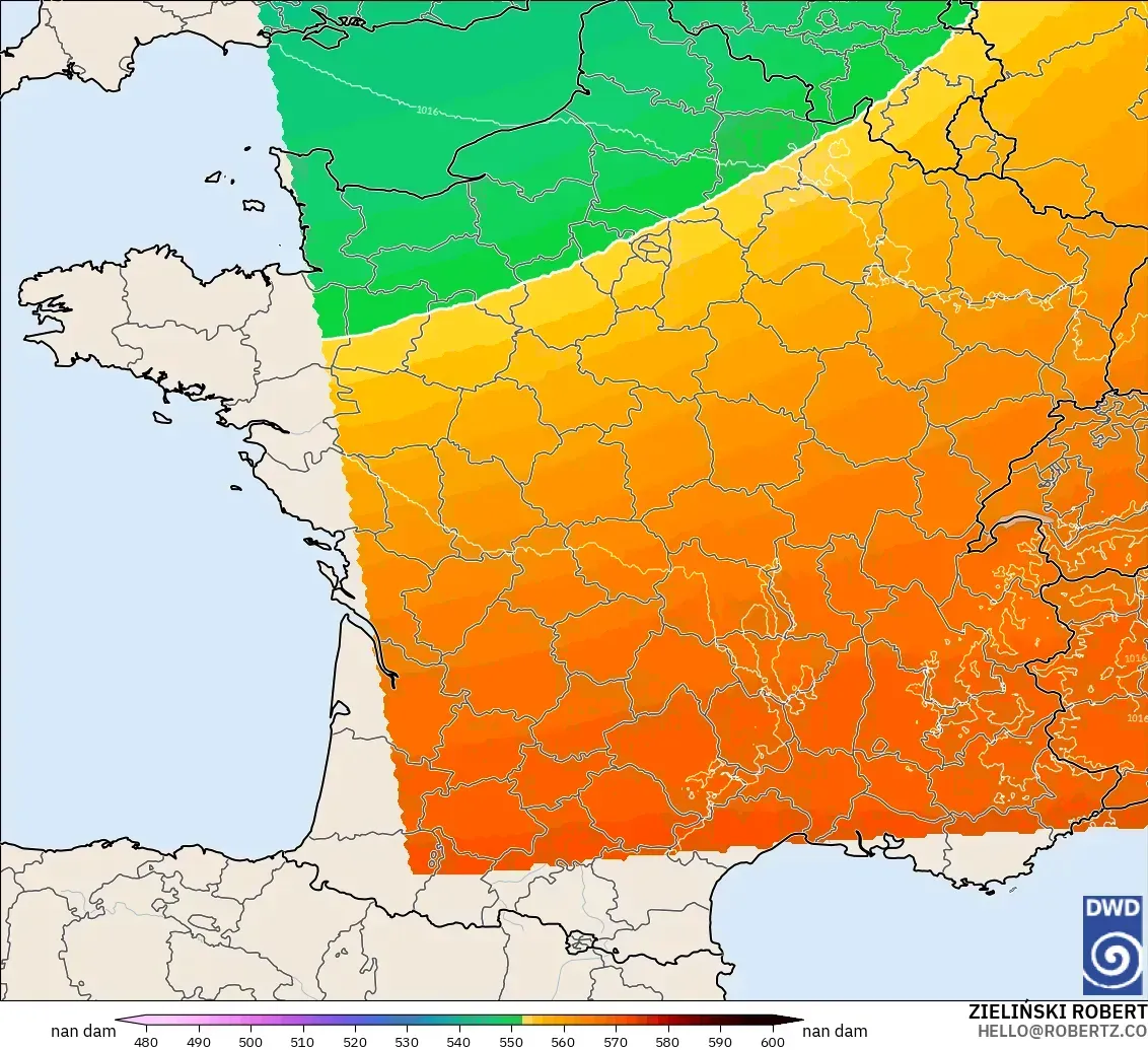 ICON Alemania 2 km model - Prancis, Ketinggian geopotensial pada 500 hPa