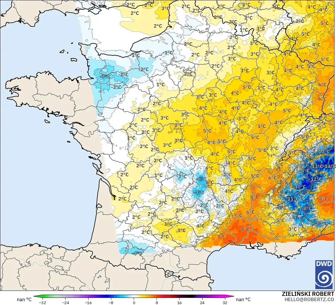 ICON Alemania 2 km model - Prancis, Anomali Suhu 850 hPa