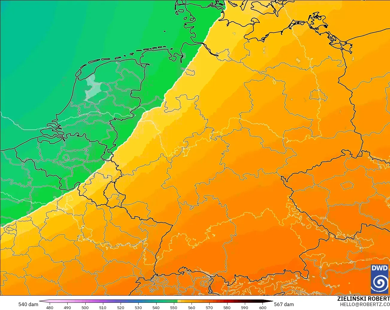 ICON Alemania 2 km model - Jerman, Ketinggian geopotensial pada 500 hPa