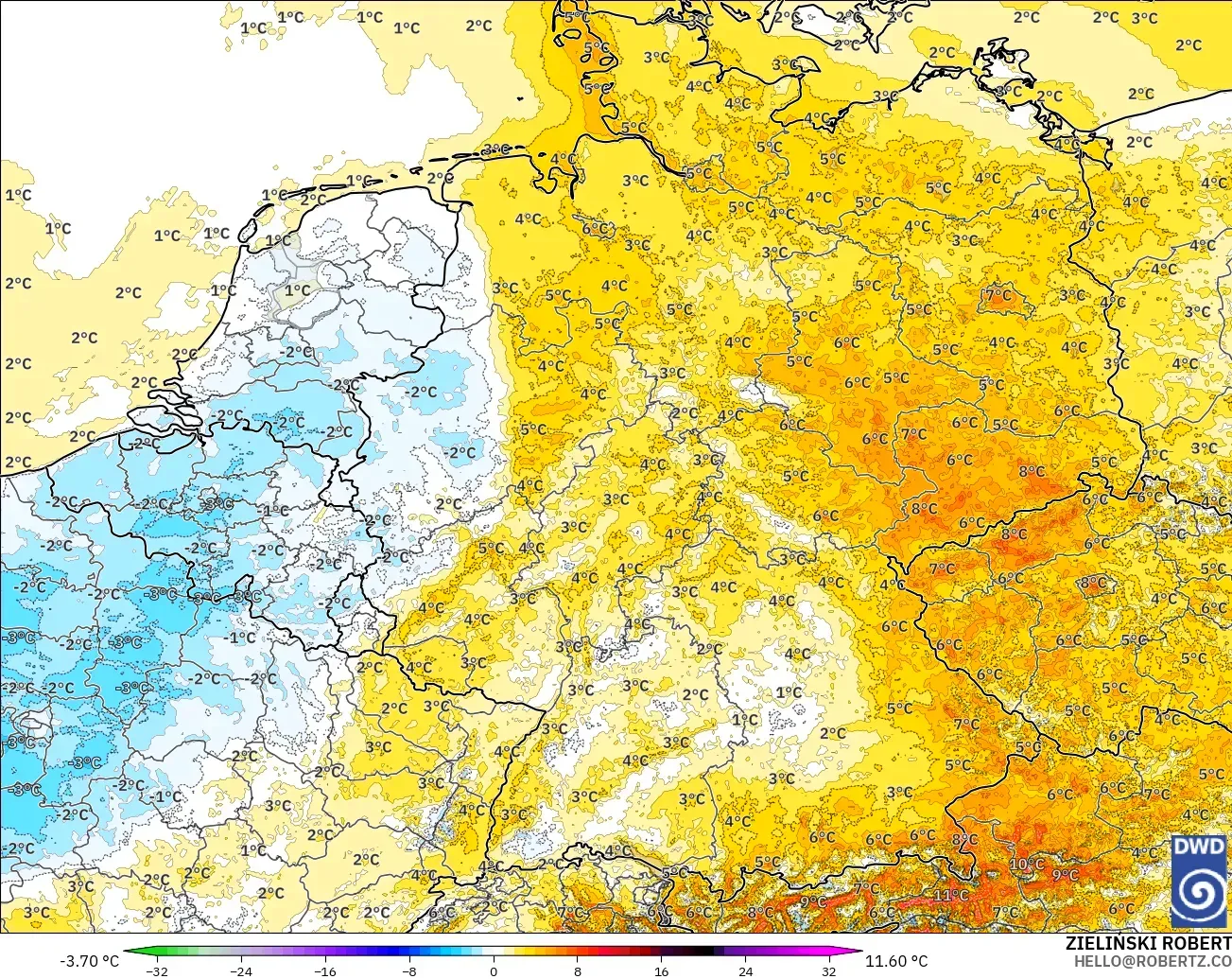 ICON Alemania 2 km model - Jerman, Anomali Suhu 2 m