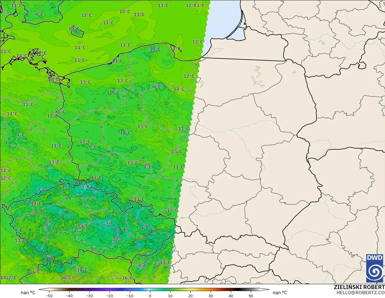 ICON Germany 2 km modelo - Poland, Dewpoint at 2m