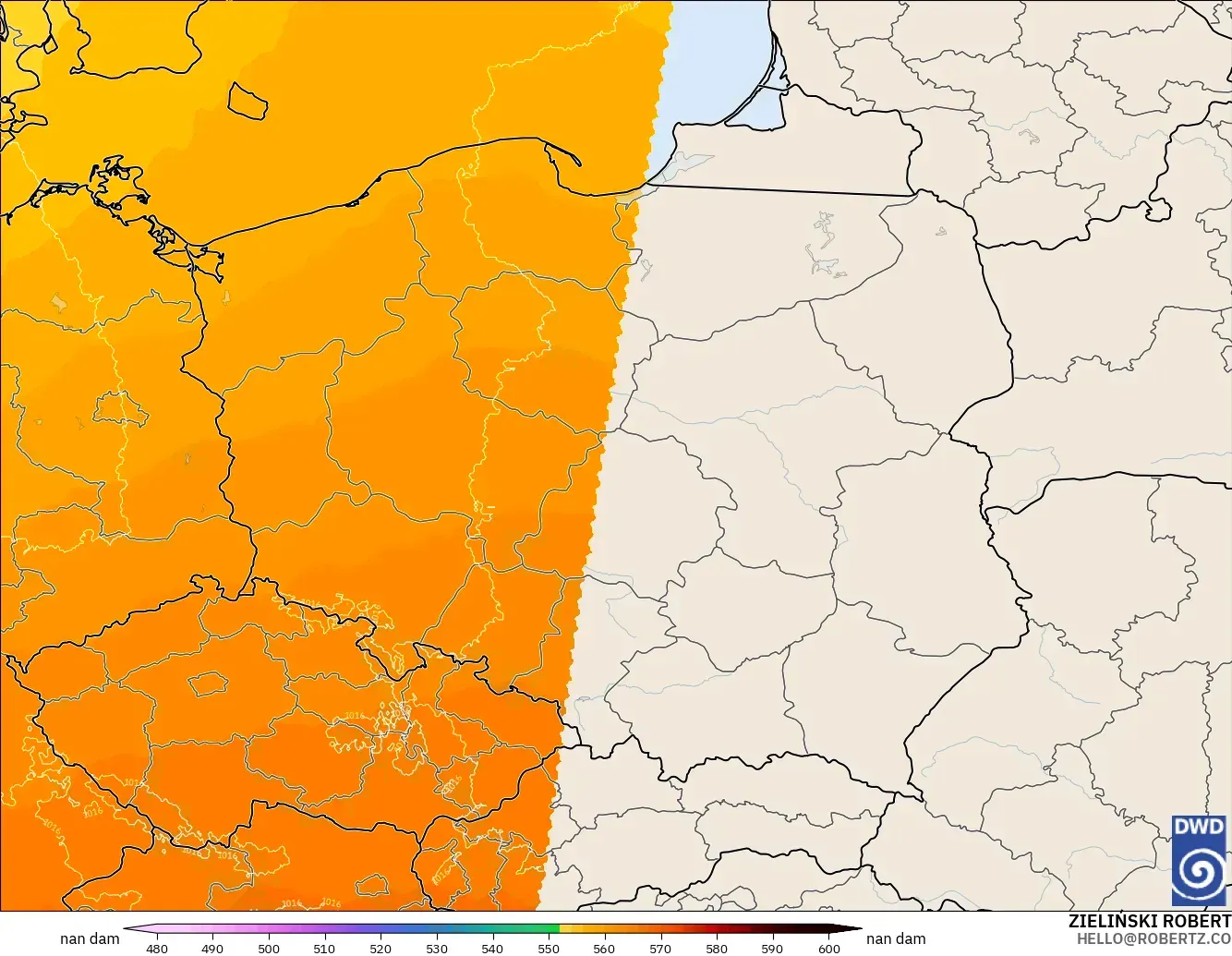 ICON Alemania 2 km model - Polandia, Ketinggian geopotensial pada 500 hPa