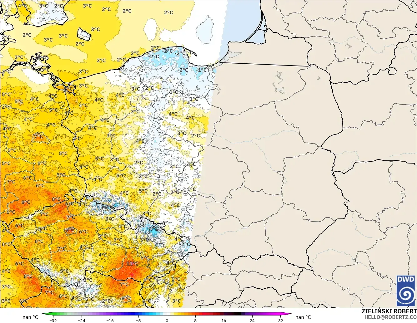 ICON Germany 2 km modelo - Poland, Temperature at 2m Anomaly