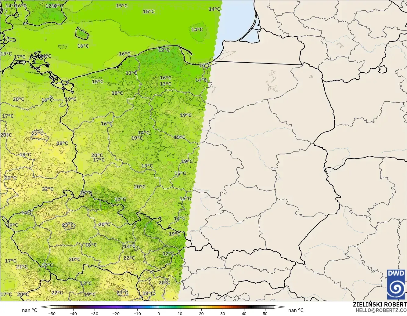 ICON Alemania 2 km model - Polandia, Suhu 2 m