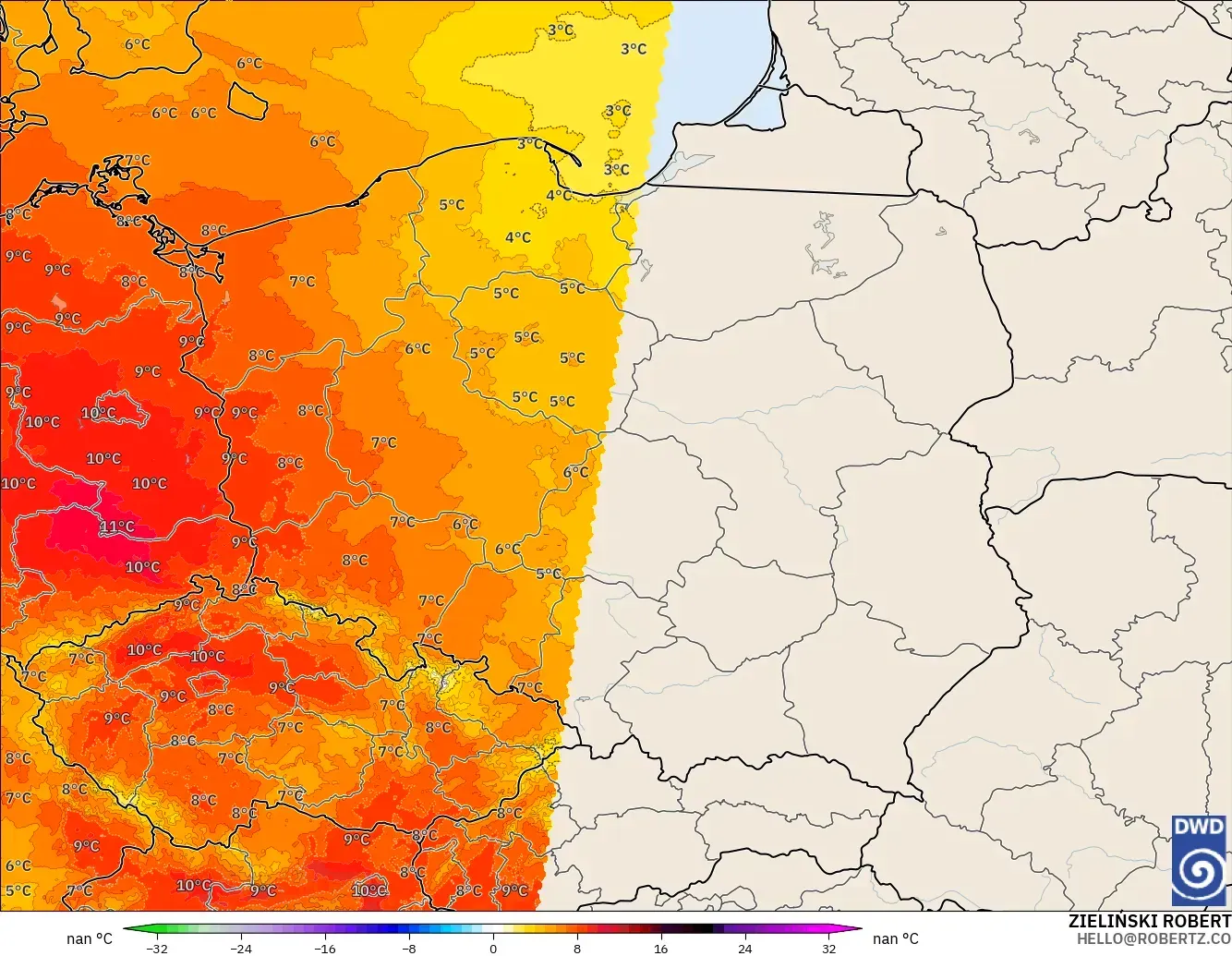 ICON Germany 2 km modelo - Poland, Temperature at 850hPa Anomaly