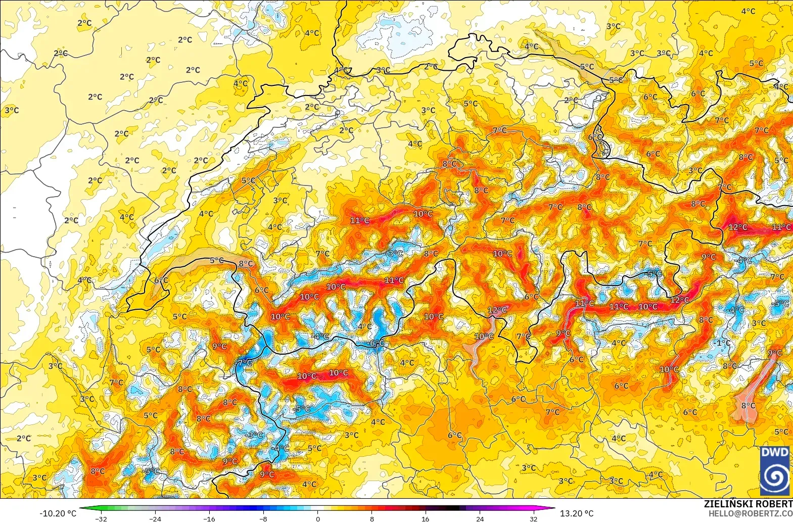 ICON Germany 2 km modelo - Switzerland, Temperature at 2m Anomaly