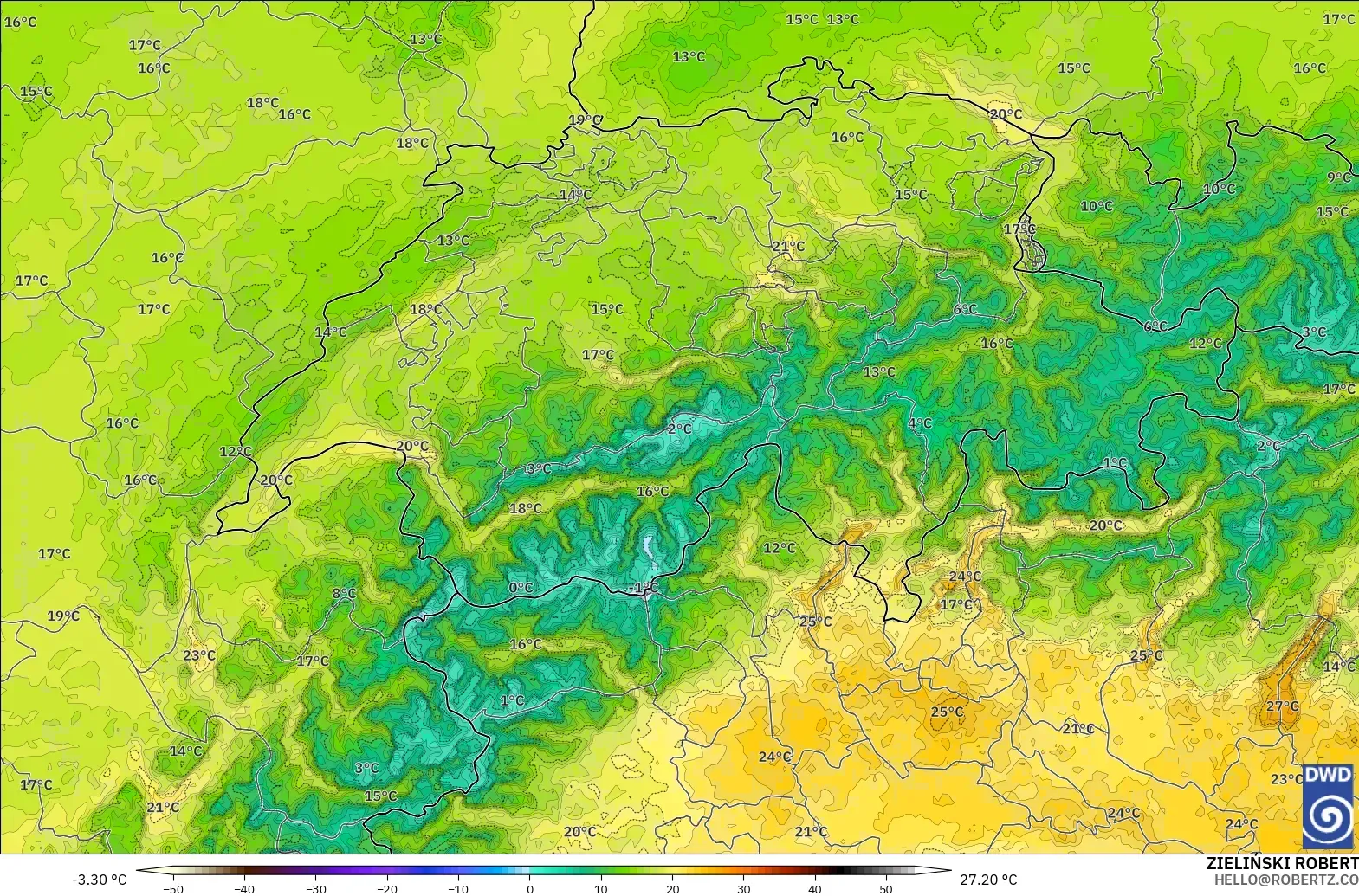 ICON Germany 2 km modelo - Switzerland, Temperature at 2m