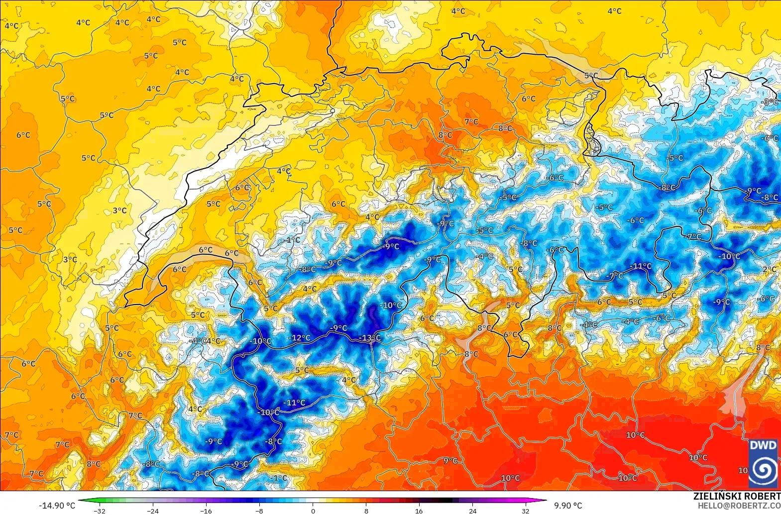 ICON Alemania 2 km model - Swiss, Anomali Suhu 850 hPa