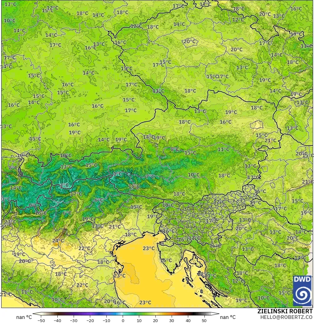 ICON Jerman 2 km model - Austria, Suhu pada 2 m
