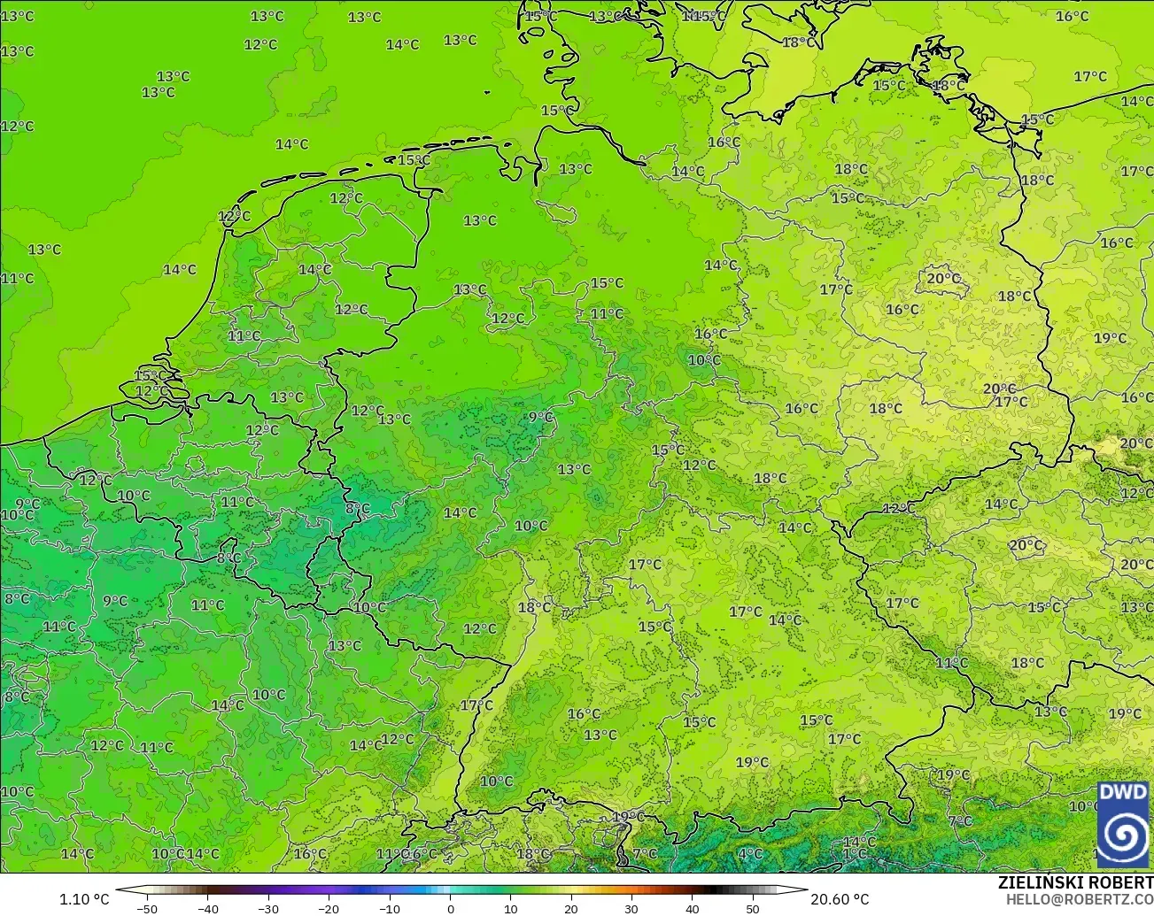 ICON Jerman 2 km model - Jerman, Suhu pada 2 m