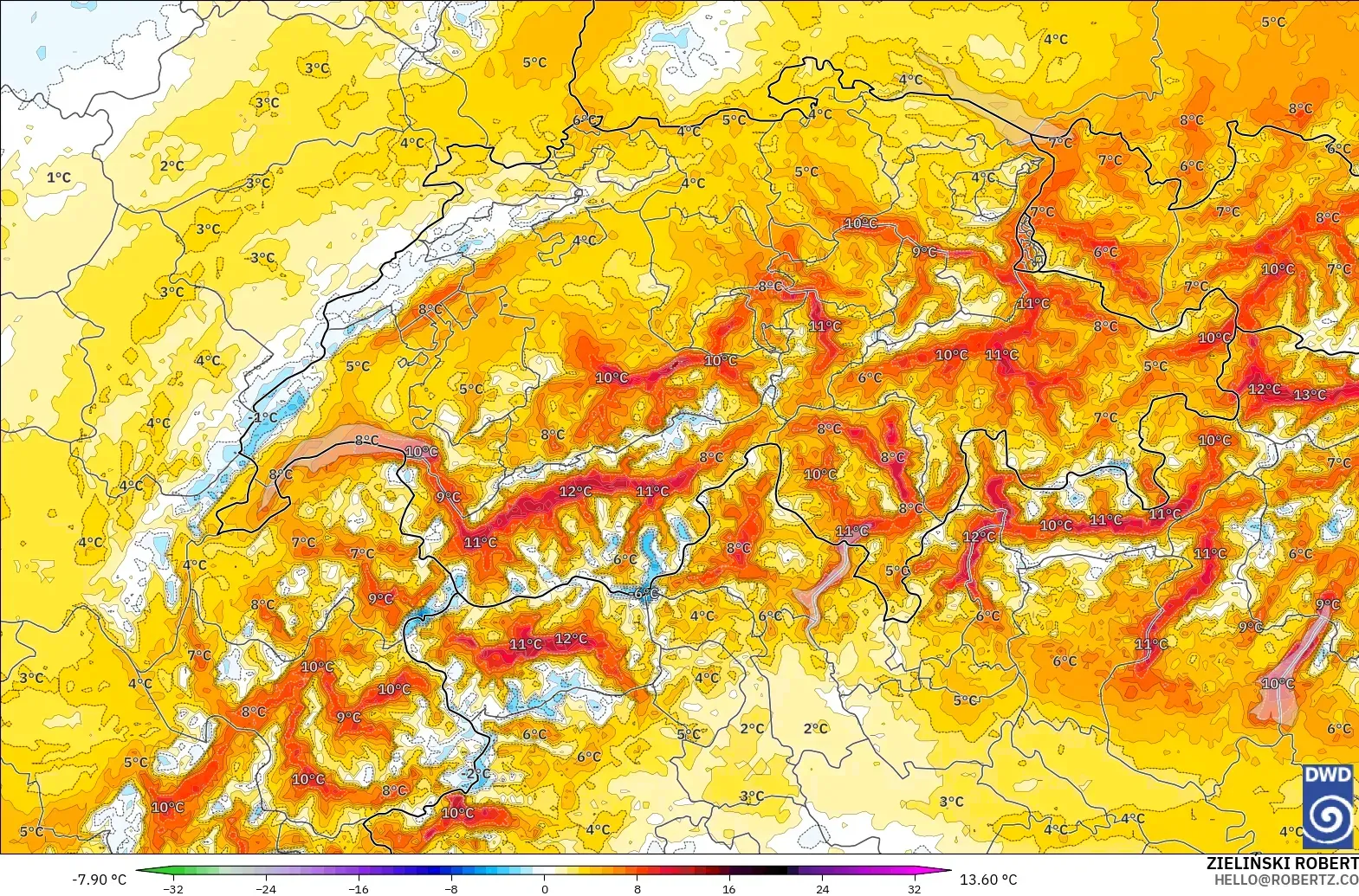 ICON Jerman 2 km model - Switzerland, Anomali Suhu 2 m