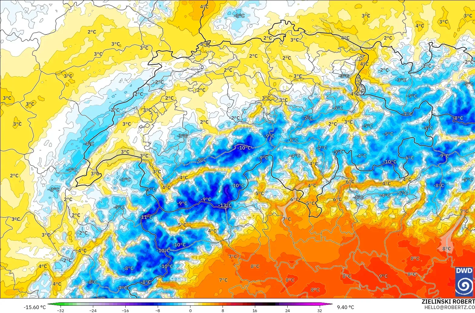 ICON Jerman 2 km model - Switzerland, Anomali Suhu 850 hPa