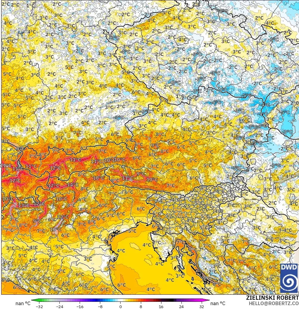 ICON Germany 2 km model - Austria, Temperature at 2m Anomaly