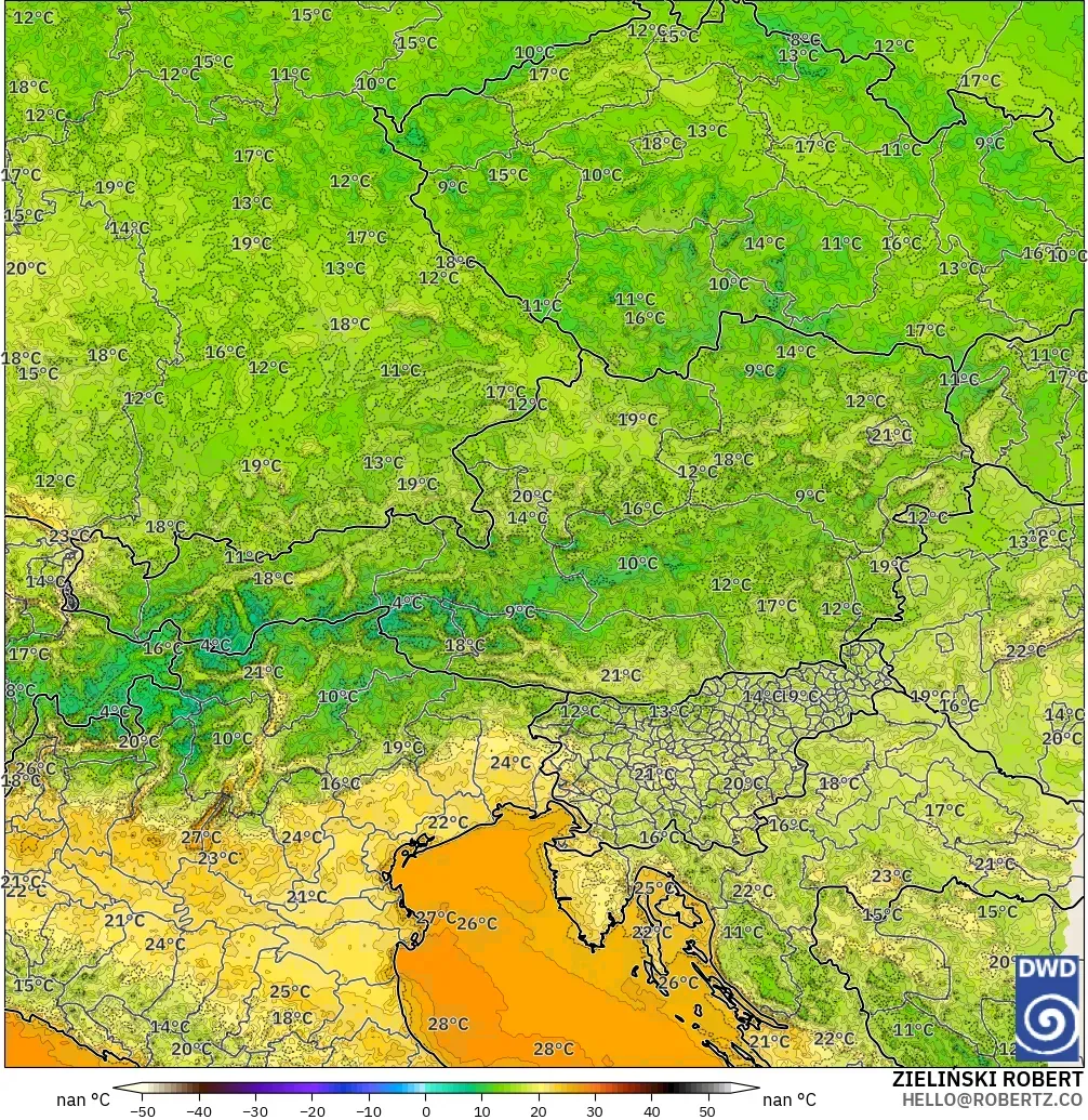 ICON Germany 2 km model - Austria, Temperature at 2m