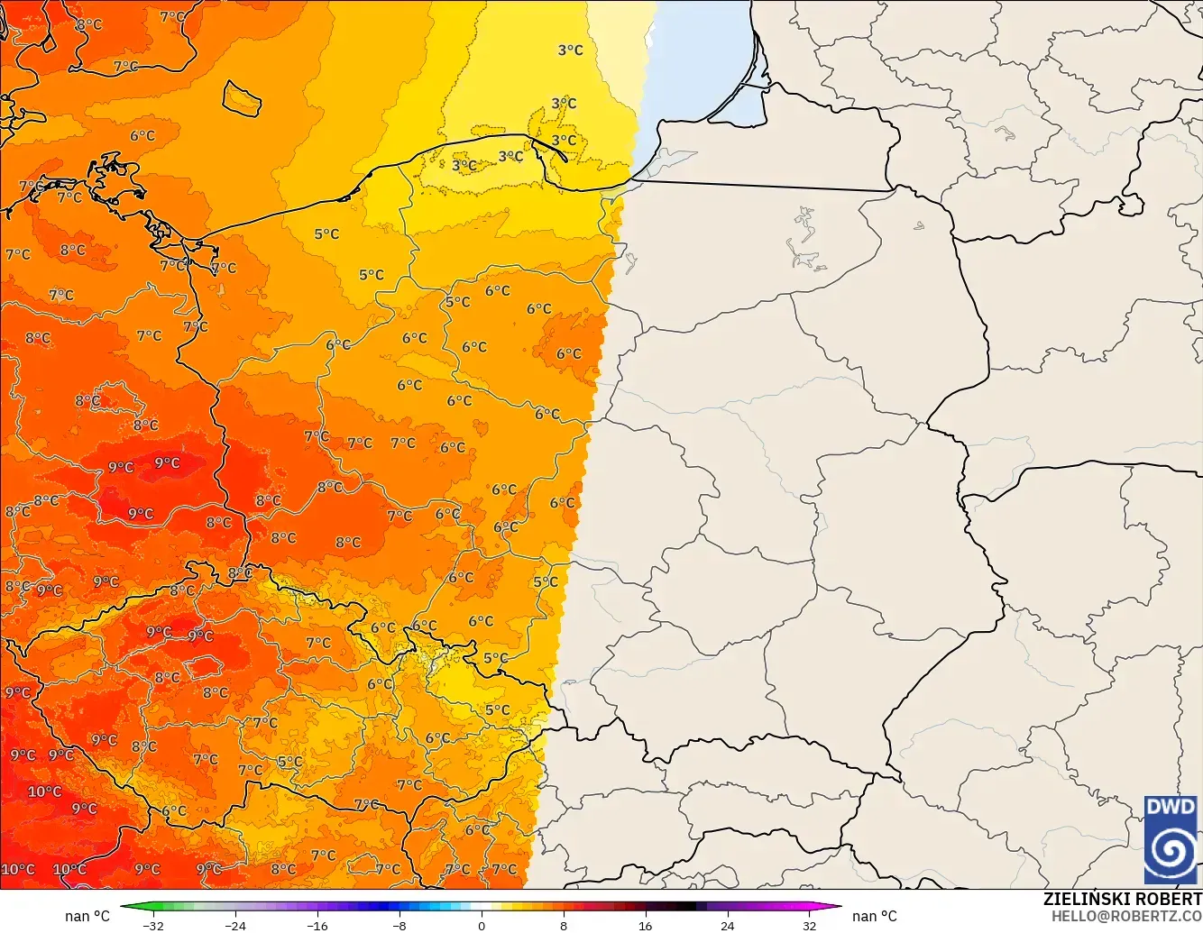 ICON Germany 2 km model - Poland, Temperature at 850hPa Anomaly